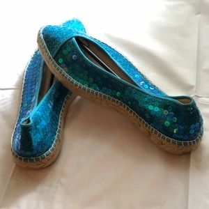 Blue Sequin Slip on Shoes
